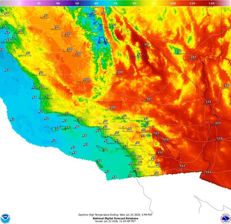 A map of projected temperatures across Southern California as a heatwave is expected to blanket the state on June 23, 2026.