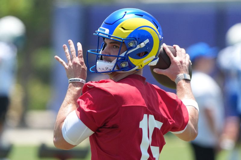 Jun 2, 2026; Woodland Hills, CA, USA; Los Angeles Rams quarterback Ty Simpson (15) throws the ball during organized team activities at Rams Practice Facility. Mandatory Credit: Kirby Lee-Imagn Images