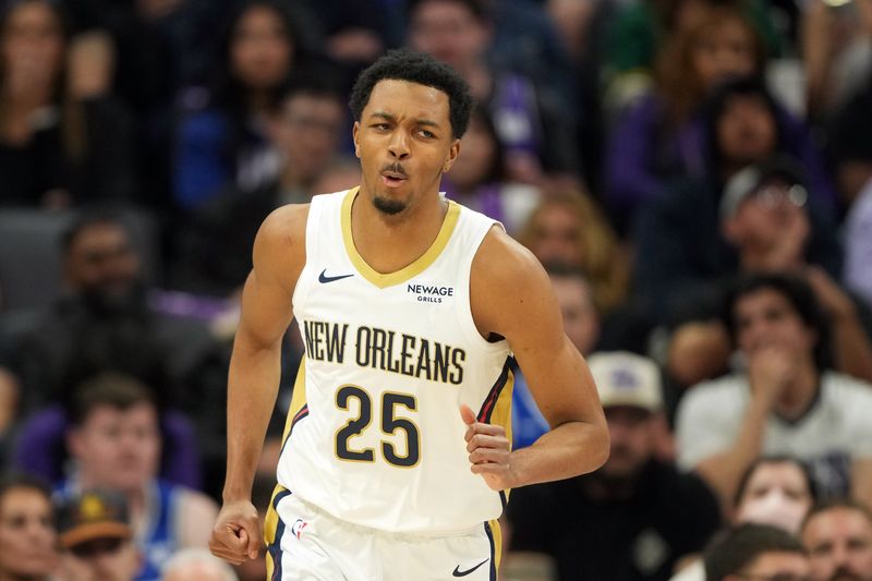 Apr 3, 2026; Sacramento, California, USA; New Orleans Pelicans forward Trey Murphy III (25) reacts after dunking against the Sacramento Kings during the third quarter at Golden 1 Center. Mandatory Credit: Darren Yamashita-Imagn Images