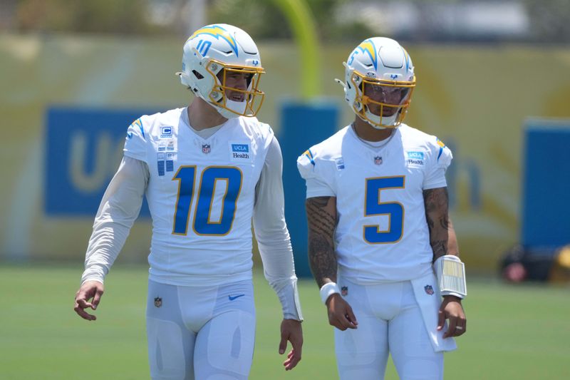 Jun 16, 2026, El Segundo, California; Los Angeles Chargers quarterbacks Justin Herbert (10) and Trey Lance (5) during minicamp at The Bolt. Mandatory Credit: Kirby Lee-Imagn Images