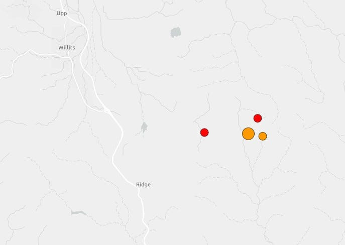A 5.6 earthquake - indicated by the large orange dot on this USGS map - shook Mendocino County near Ukiah at 8:10 a.m. on Wednesday, June 24, 2026. At least three weaker temblors followed within an hour of the first.