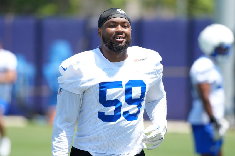 Jun 2, 2026; Woodland Hills, CA, USA; Los Angeles Rams linebacker Darryl Peterson III (59) during organized team activities at Rams Practice Facility. Mandatory Credit: Kirby Lee-Imagn Images