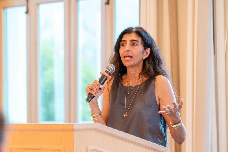 Dr. Syma Iqbal addresses the crowd at the 11th annual Quinn Brady Memorial Swing Against Cancer golf tournament, held May 11, 2026, in La Quinta, Calif.