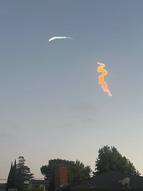 A SpaceX rocket launch appears to create a jellyfish effect. The phenomenon, also known as "space jellyfish," occurs when a launch is illuminated by the sun hitting the rocket's contrail – or plume of exhaust – while an observer is in relative local darkness.