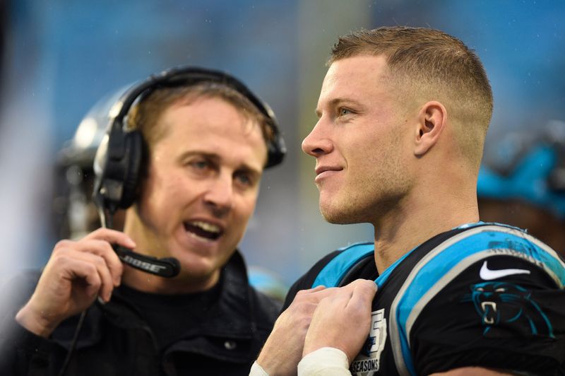 Dec 29, 2019; Charlotte, North Carolina, USA; Carolina Panthers running back Christian McCaffrey (22) with running backs coach Jake Peetz on the sidelines in the fourth quarter at Bank of America Stadium. Mandatory Credit: Bob Donnan-USA TODAY Sports