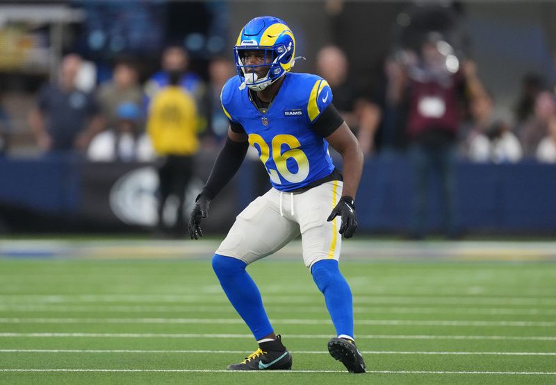 Dec 14, 2025; Inglewood, California, USA; Los Angeles Rams safety Kamren Kinchens (26) is seen during the fourth quarter against the Detroit Lions at SoFi Stadium. Mandatory Credit: Kirby Lee-Imagn Images