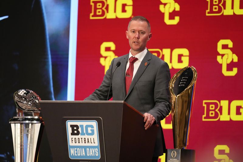 Jul 24, 2025; Las Vegas, NV, USA; USC head coach Lincoln Riley speaks to the media during the Big Ten NCAA college football media days at Mandalay Bay Resort. Mandatory Credit: Lucas Peltier-Imagn Images