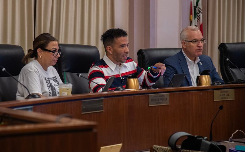 Stockton Vice Mayor Jason Lee, center, leads fellow council members Michele Padilla, left, and Michael Blower in a meeting of the council audit committee in the old Stockton City Hall on Fremont and El Dorado Streets in downtown Stockton. It was the last official council meeting in the building before moving to the new city hall at the Waterfront Towers on Weber Avenue in downtown Stockton.