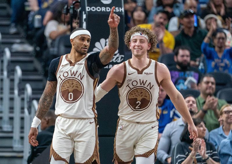 Mar 27, 2026; San Francisco, California, USA; Golden State Warriors guard Gary Payton II (0) and guard Brandin Podziemski (2) celebrate after a play against the Washington Wizards during the second quarter at Chase Center. Mandatory Credit: Neville E. Guard-Imagn Images