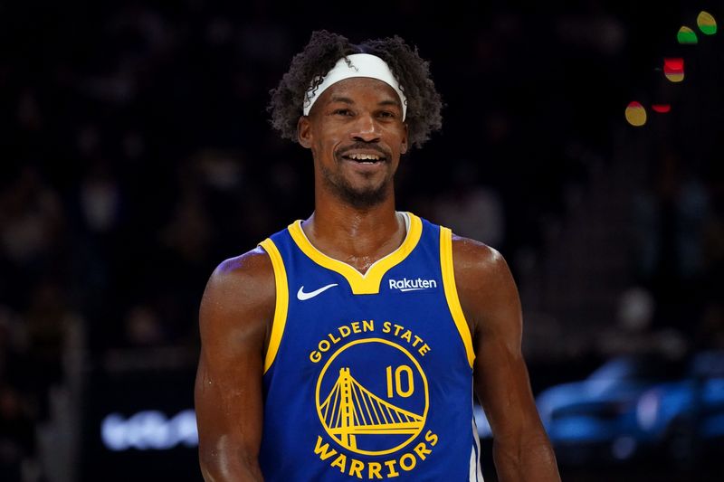 Jan 13, 2026; San Francisco, California, USA;  Golden State Warriors forward Jimmy Butler III (10) waits for play to resume against the Portland Trail Blazers in the second quarter at Chase Center. Mandatory Credit: David Gonzales-Imagn Images