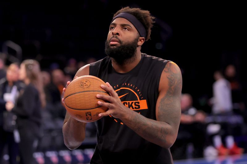 Nov 14, 2025; New York, New York, USA; New York Knicks center Mitchell Robinson (23) warms up before a game against the Miami Heat at Madison Square Garden. Mandatory Credit: Brad Penner-Imagn Images