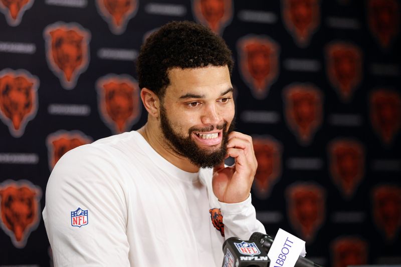 Jun 11, 2026; Lake Forest, IL, USA; Chicago Bears quarterback Caleb Williams (18) speaks during Minicamp at Halas Hall. Mandatory Credit: Kamil Krzaczynski-Imagn Images