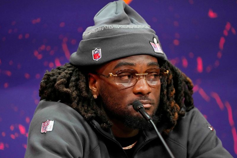 Feb 5, 2024; Las Vegas, NV, USA; San Francisco 49ers wide receiver Brandon Aiyuk (11) talks to the media during Super Bowl LVIII Opening Night at Allegiant Stadium. Mandatory Credit: Lucas Peltier-USA TODAY Sports