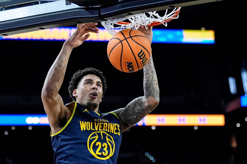 Michigan forward Yaxel Lendeborg (23) at open practice at Lucas Oil Stadium in Indianapolis on Friday, April 3, 2026.