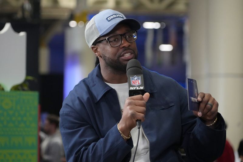 Feb 7, 2025; New Orleans, LA, USA; Gerald McCoy on the NFL Network set on Radio Row at the Super Bowl LIX media center. Mandatory Credit: Kirby Lee-Imagn Images