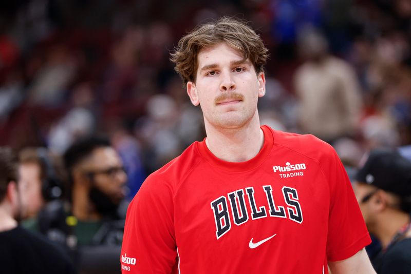 Jan 10, 2026; Chicago, Illinois, USA; Chicago Bulls center Lachlan Olbrich (47) warms up before an NBA game against the Dallas Mavericks at United Center. Mandatory Credit: Kamil Krzaczynski-Imagn Images