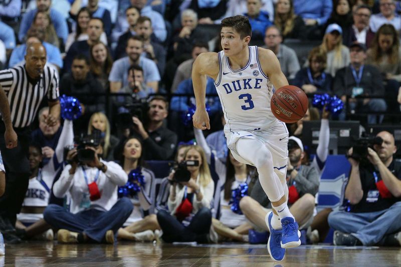 Mar 9, 2018; New York, NY, USA; Duke Blue Devils guard Grayson Allen (3) brings the ball up court against the North Carolina Tar Heels during the first half of a semifinal game of the 2018 ACC tournament at Barclays Center. Mandatory Credit: Brad Penner-USA TODAY Sports