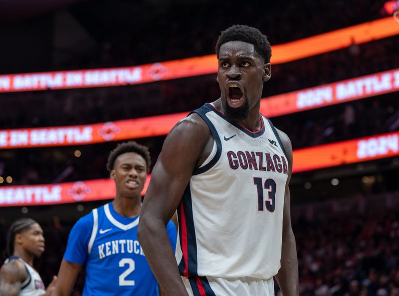 Dec 7, 2024; Seattle, Washington, USA;  Gonzaga Bulldogs forward Graham Ike (13) reacts during the second half against the Kentucky Wildcats at Climate Pledge Arena. Mandatory Credit: Stephen Brashear-Imagn Images