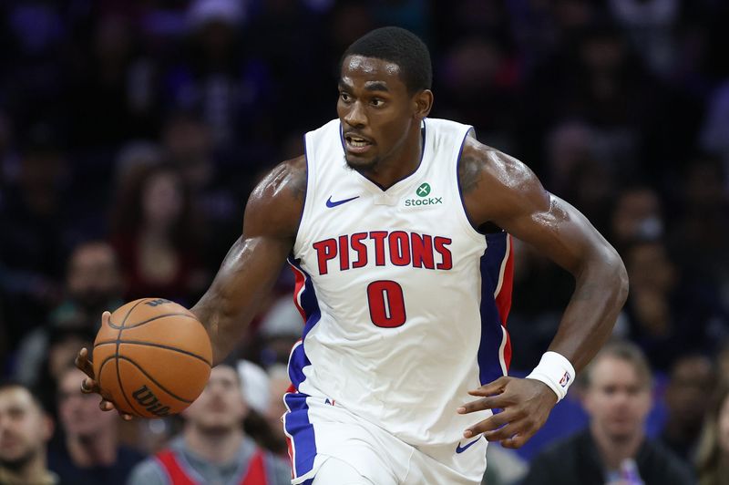 Nov 9, 2025; Philadelphia, Pennsylvania, USA; Detroit Pistons center Jalen Duren (0) dribbles the ball against the Philadelphia 76ers during the first quarter at Xfinity Mobile Arena. Mandatory Credit: Bill Streicher-Imagn Images