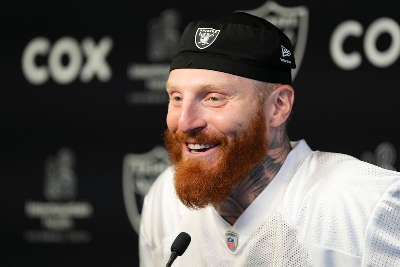 Jun 3, 2026; Henderson, NV, USA; Las Vegas Raiders defensive end Maxx Crosby (98) speaks during a news conference during organized team activities at Intermountain Health Performance Center. Mandatory Credit: Candice Ward-Imagn Images