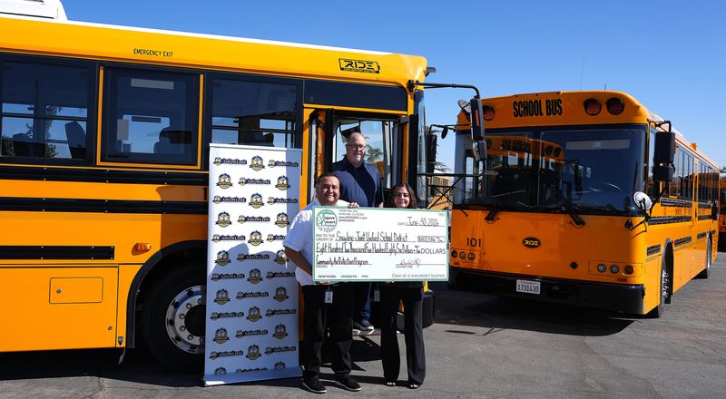 Those attending the grant presentation included Amanda Koncur and Jorge Camacho of the Mojave Desert Air Quality Management District with Danny Medford, Director of Transportation for Snowline Joint Unified School District.