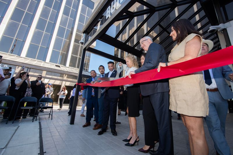 Stockton city council members participate in the ribbon cutting ceremony for the new Stockton City Hall in downtown Stockton on Jul. 7, 2026.