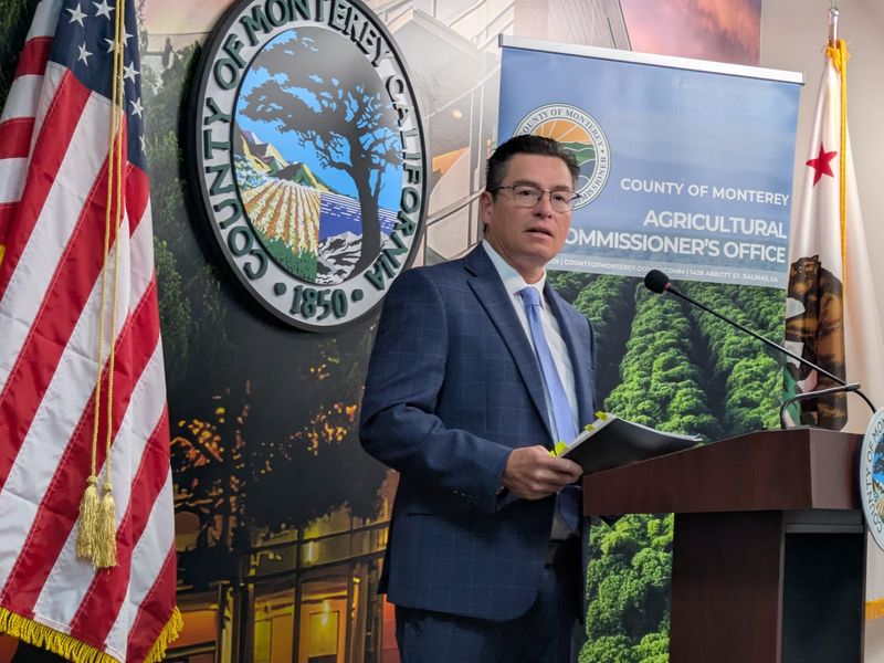 Juan Hidalgo, Agricultural Commissioner for the County of Monterey, delivers the 2025 County of Monterey Crop & Livestock Report, July 7, 2026, in Salinas, Calif.