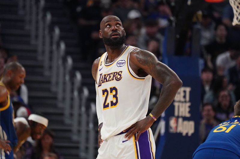 Feb 28, 2026; San Francisco, California, USA;  Los Angeles Lakers forward LeBron James (23) waits for play to resume against the Golden State Warriors in the second quarter at Chase Center. Mandatory Credit: David Gonzales-Imagn Images