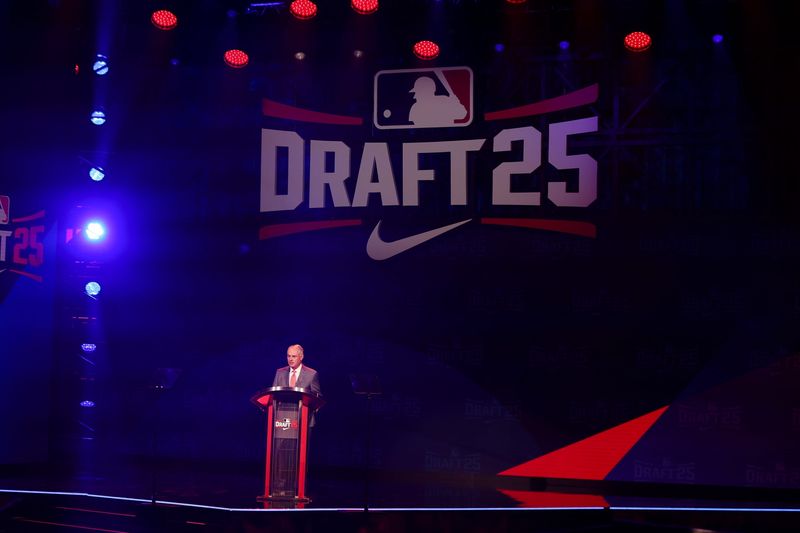 Jul 13, 2025; Atlanta, GA, USA; MLB Commissioner Rob Manfred opens the MLB Draft at The Coca-Cola Roxy. Mandatory Credit: Brett Davis-Imagn Images