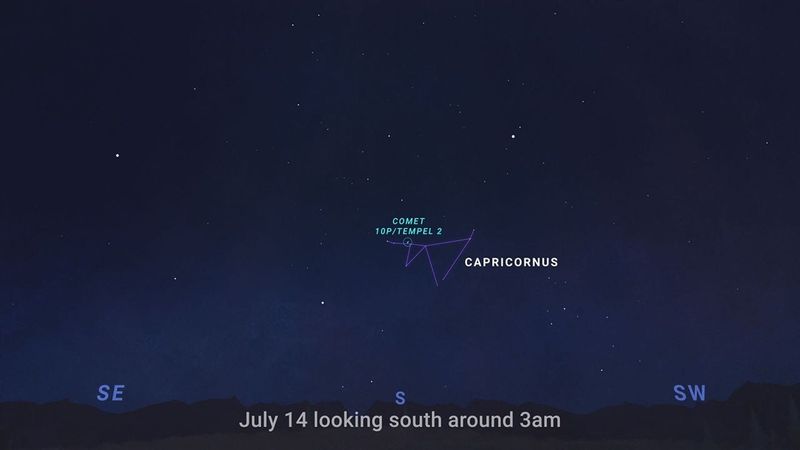 Comet 10P/Tempel 2 swings by Earth on July 14 during a New Moon. This graphic should help stargazers locate it in the sky, though binoculars will be needed.