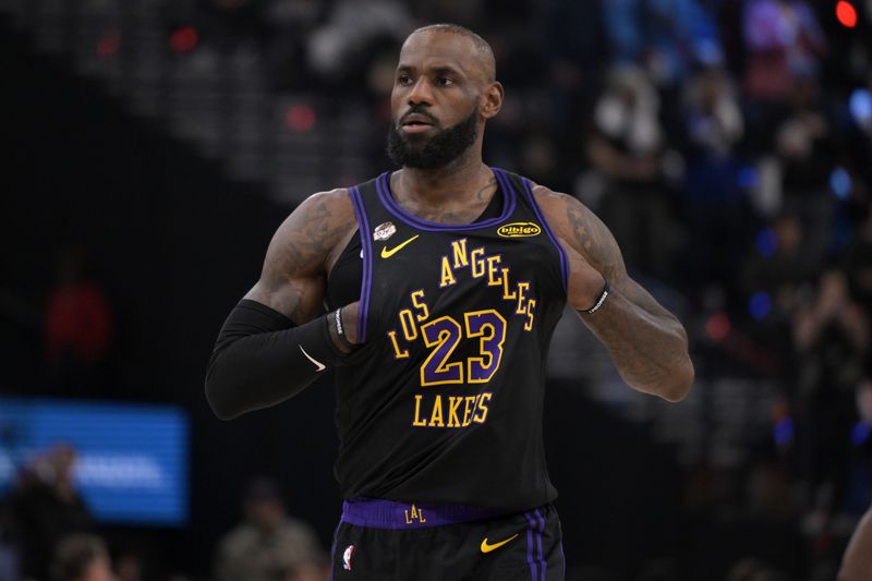 Jan 22, 2026; Inglewood, California, USA;  Los Angeles Lakers forward LeBron James (23) on the court for the game against the Los Angeles Clippers at Intuit Dome. Mandatory Credit: Jayne Kamin-Oncea-Imagn Images