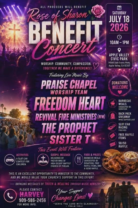 A free concert and outreach on Saturday, July 18, 2026, in Apple Valley will benefit the nonprofit Rose of Sharon Pregnancy Crisis Center, which is based in Victorville. 