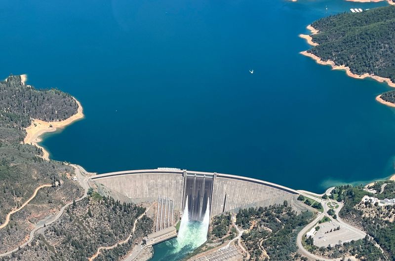 Lake Shasta and Shasta Dam are shown in this Sunday, June 28, 2026 image. July water levels at the lake were where they historically should be for this time of year, thanks to powerful wet winter storms.