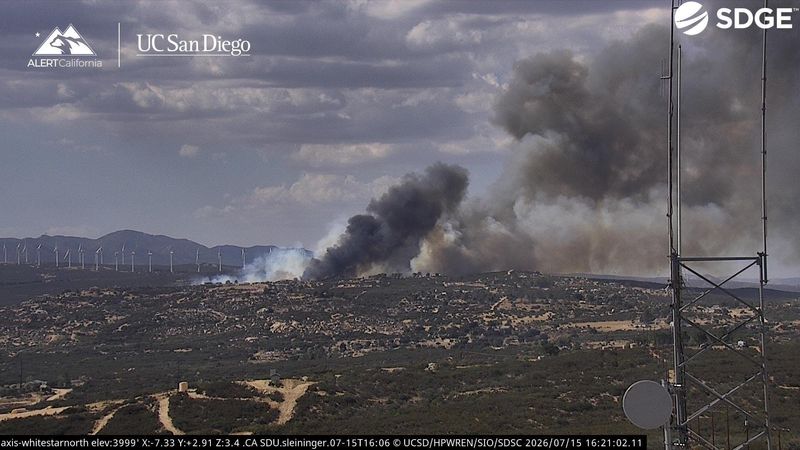 Smoke rises from the Thorn Fire near Campo, Calif. in San Diego County on Wednesday, July 15, 2026.
