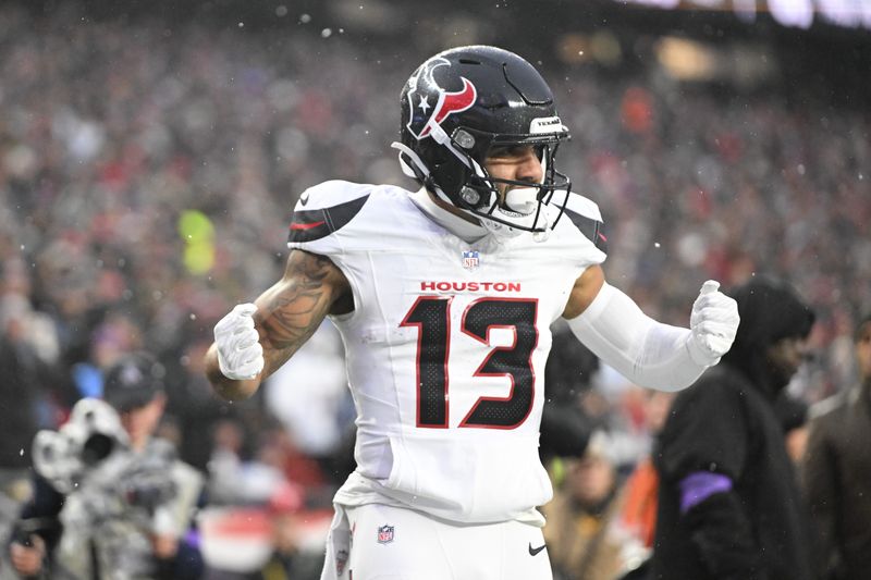 Jan 18, 2026; Foxborough, MA, USA; Houston Texans wide receiver Christian Kirk (13) celebrates a touchdown in the second quarter against the New England Patriots in an AFC Divisional Round game at Gillette Stadium. Mandatory Credit: Brian Fluharty-Imagn Images