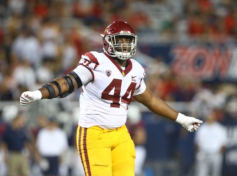 Sep 29, 2018; Tucson, AZ, USA; Southern California Trojans defensive lineman Malik Dorton (44) against the Arizona Wildcats at Arizona Stadium. Mandatory Credit: Mark J. Rebilas-USA TODAY Sports