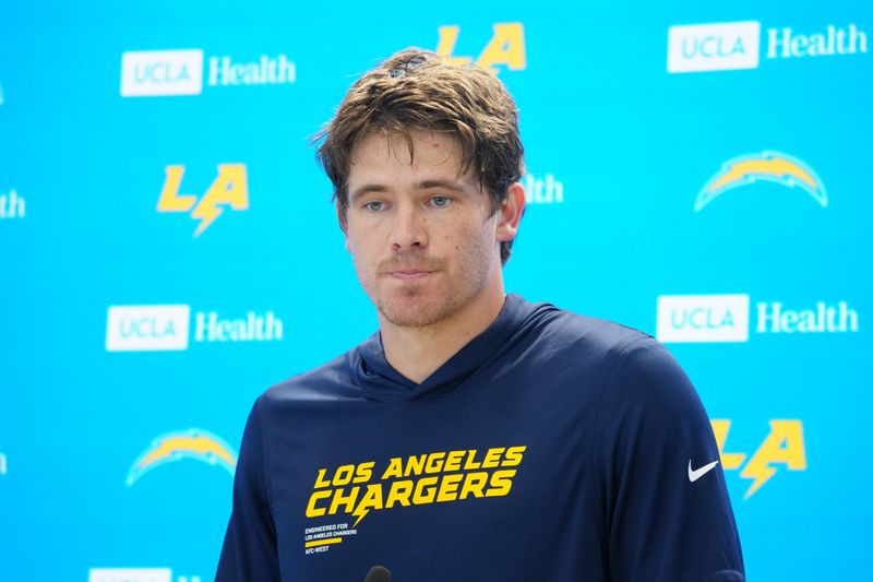 Jun 17, 2026; El Segundo, CA, USA; Los Angeles Chargers quarterback Justin Herbert at press conference during minicamp at The Bolt. Mandatory Credit: Kirby Lee-Imagn Images