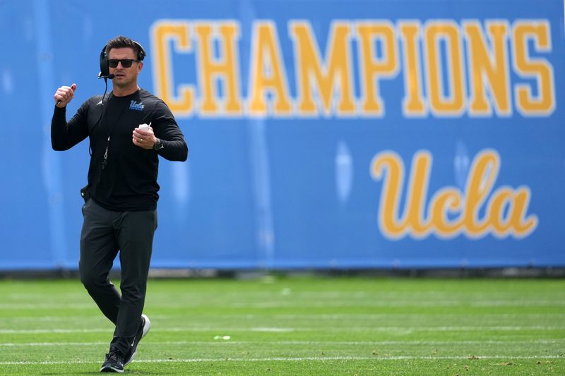 May 2, 2026; Pasadena, CA, USA; UCLA Bruins coach Bob Chesney reacts during the spring game at Rose Bowl. Mandatory Credit: Kirby Lee-Imagn Images