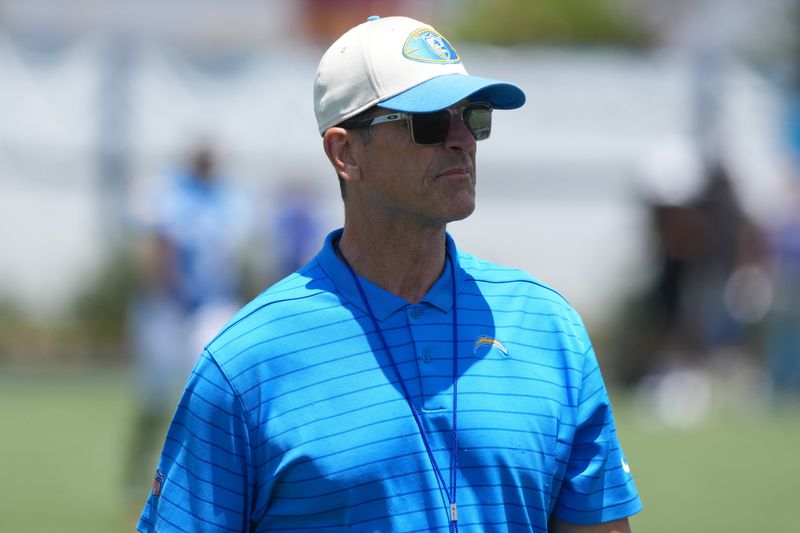 Jun 17, 2026; El Segundo, CA, USA; Los Angeles Chargers coach Jim Harbaugh during minicamp at The Bolt. Mandatory Credit: Kirby Lee-Imagn Images