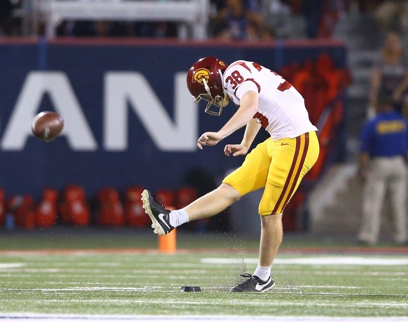 Sep 29, 2018; Tucson, AZ, USA; Southern California Trojans kicker Alex Stadthaus (38) against the Arizona Wildcats at Arizona Stadium. Mandatory Credit: Mark J. Rebilas-USA TODAY Sports