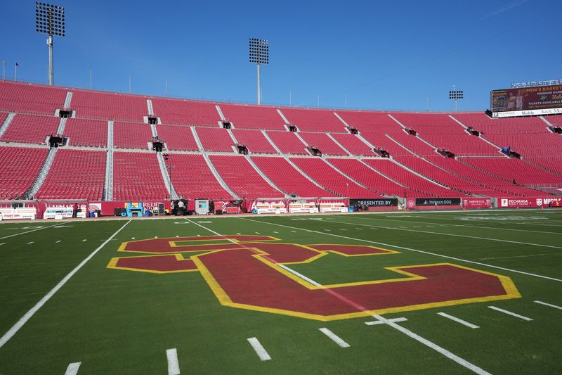 Nov 29, 2025; Los Angeles, California, USA; The Southern California Trojans logo at midifeld at United Airlines Field at Los Angeles Memorial Coliseum. Mandatory Credit: Kirby Lee-Imagn Images
