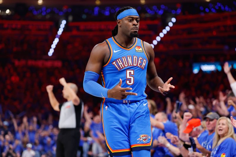 May 18, 2026; Oklahoma City, Oklahoma, USA; Oklahoma City Thunder forward Luguentz Dort (5) celebrates in the third quarter against the San Antonio Spurs during game one of the western conference finals for the 2026 NBA playoffs at Paycom Center. Mandatory Credit: Alonzo Adams-Imagn Images