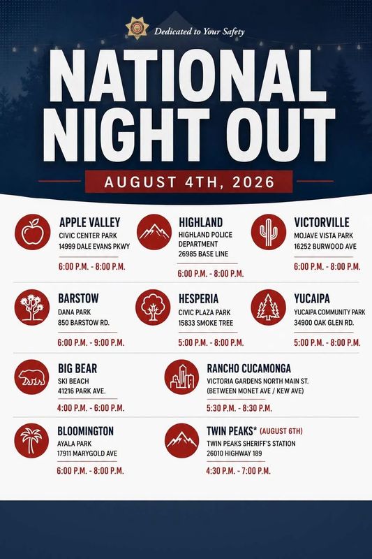 Law enforcement officials throughout the High Desert will be joining others across the nation in hosting "National Night Out" community events on Tuesday, Aug. 4, 2026.