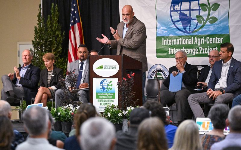 Tulare City Manager Marc Mondell speaks on Friday, July 24, 2026 during the ribbon cutting ceremony for the International Agri-Center/Commercial Avenue Interchange. The new interchange and street extension will open the south end of Tulare along Highway 99 to significant commercial and industrial development.