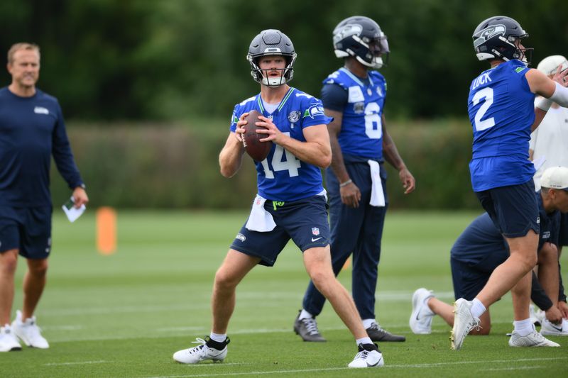 Jul 25, 2026; Renton, WA, USA; Seattle Seahawks quarterback Sam Darnold (14) during the first training camp at Virginia Mason Athletic Center. Mandatory Credit: Steven Bisig-Imagn Images