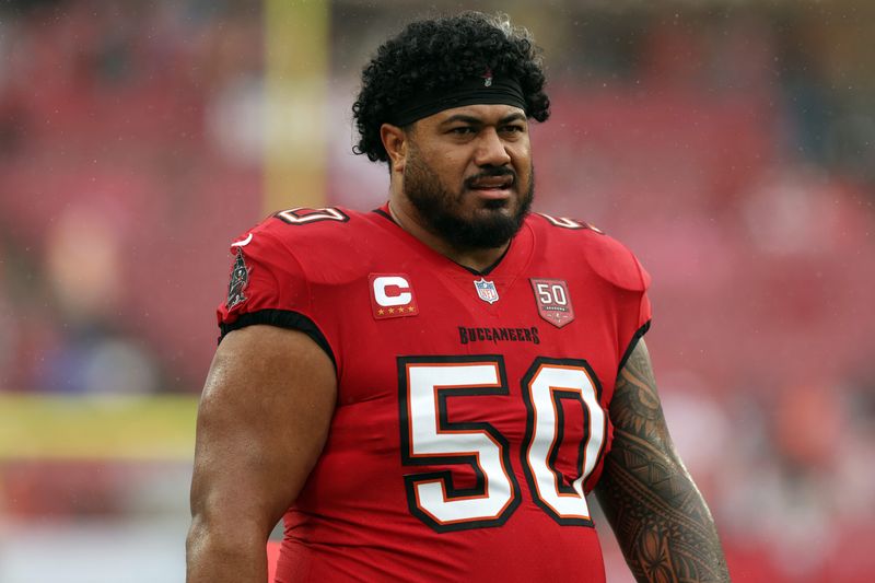 Jan 3, 2026; Tampa, Florida, USA; Tampa Bay Buccaneers defensive tackle Vita Vea (50) warms up before the game against the Carolina Panthers at Raymond James Stadium.