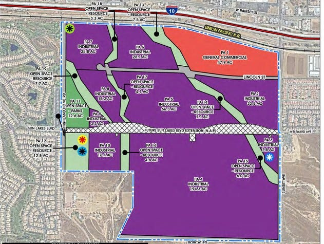 A land use plan included in a specific plan document showing the layout of the proposed Sunset Crossroads development.