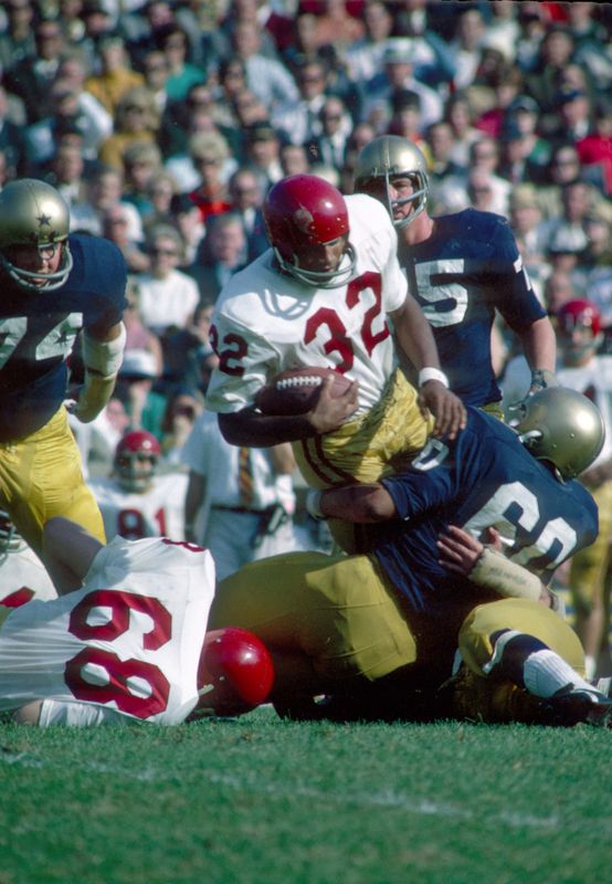 Oct 1967; South Bend, IN, USA; Southern California Trojans running back OJ Simpson (32) in action against the Notre Dame Irish at Notre Dame Stadium. Mandatory Credit: Photo By Malcolm Emmons-USA TODAY Sports copyright (c)  Malcolm Emmons