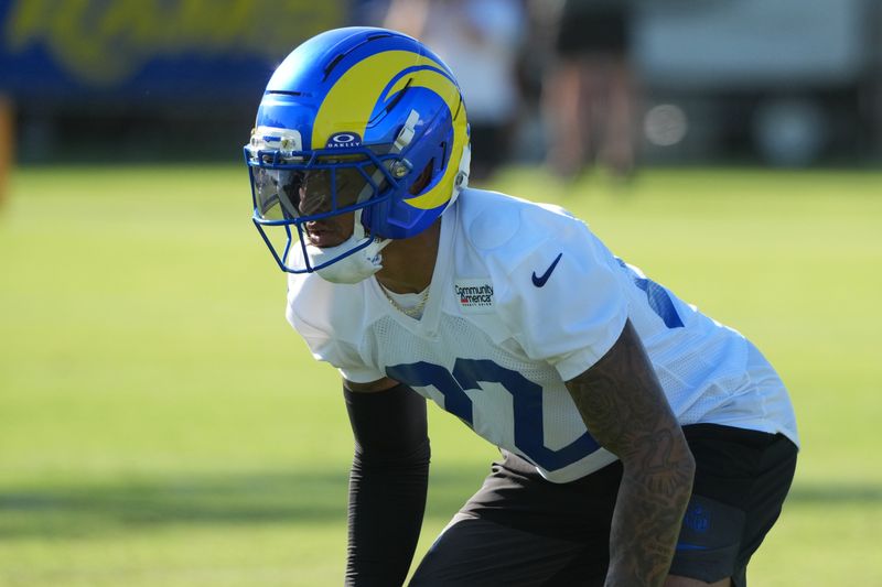 Jul 27, 2026; Westchester, CA, USA; Los Angeles Rams cornerback Trent McDuffie (22) during training camp  at Loyola Marymount University. Mandatory Credit: Kirby Lee-Imagn Images