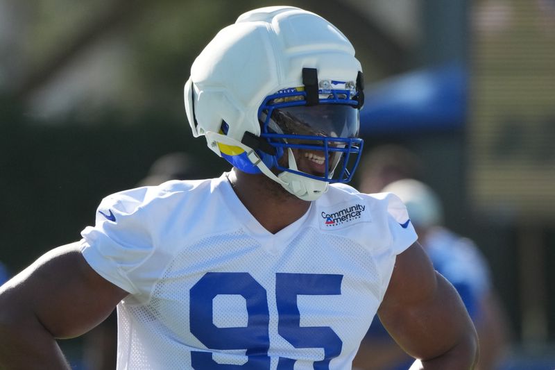 Jul 27, 2026; Westchester, CA, USA; Los Angeles Rams defensive end Myles Garrett (95) during training camp  at Loyola Marymount University. Mandatory Credit: Kirby Lee-Imagn Images
